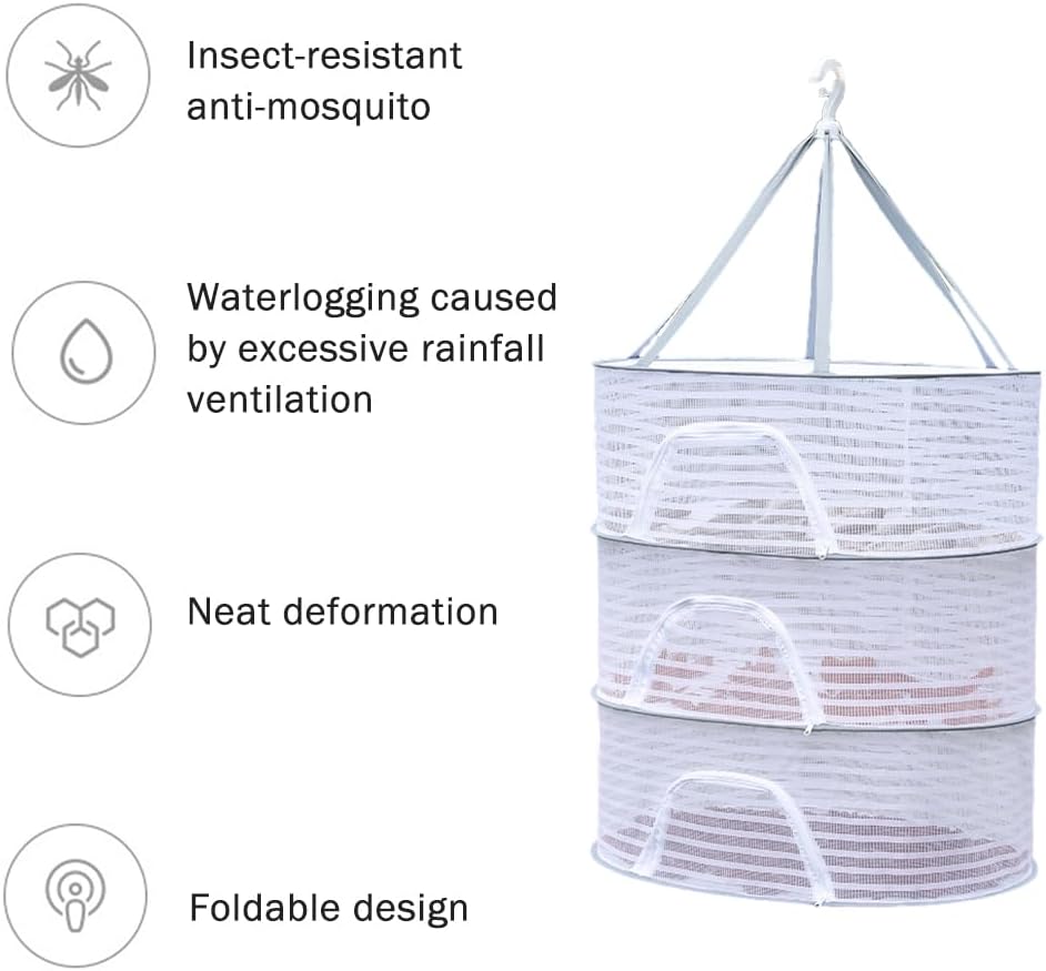 Herb Drying Rack, 3 Layer Foldable Hanging Mesh Net with Zipper, Collapsible Food Drying Fish Hanging Basket Dryer Net for Buds, Fruits, Vegetables, Herbs, Fish, Clothes, Doll(Size:M)