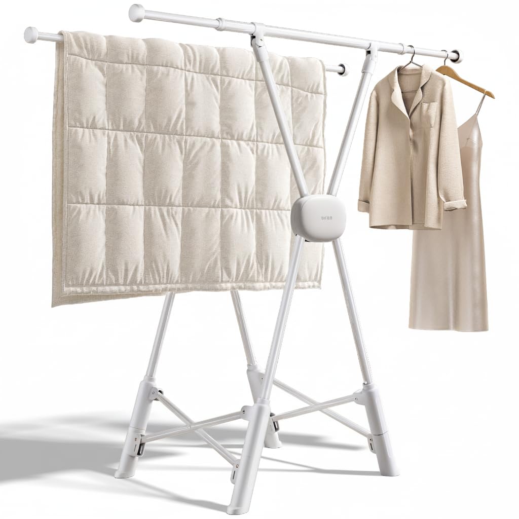 BIREN Clothes Drying Rack Heavy Duty Clothing Racks Foldable Laundry Rack Two Drying Modes Garment Racks for Drying Clothes, Adjustable Length from 32-55 Inches for Indoor Outdoor Use