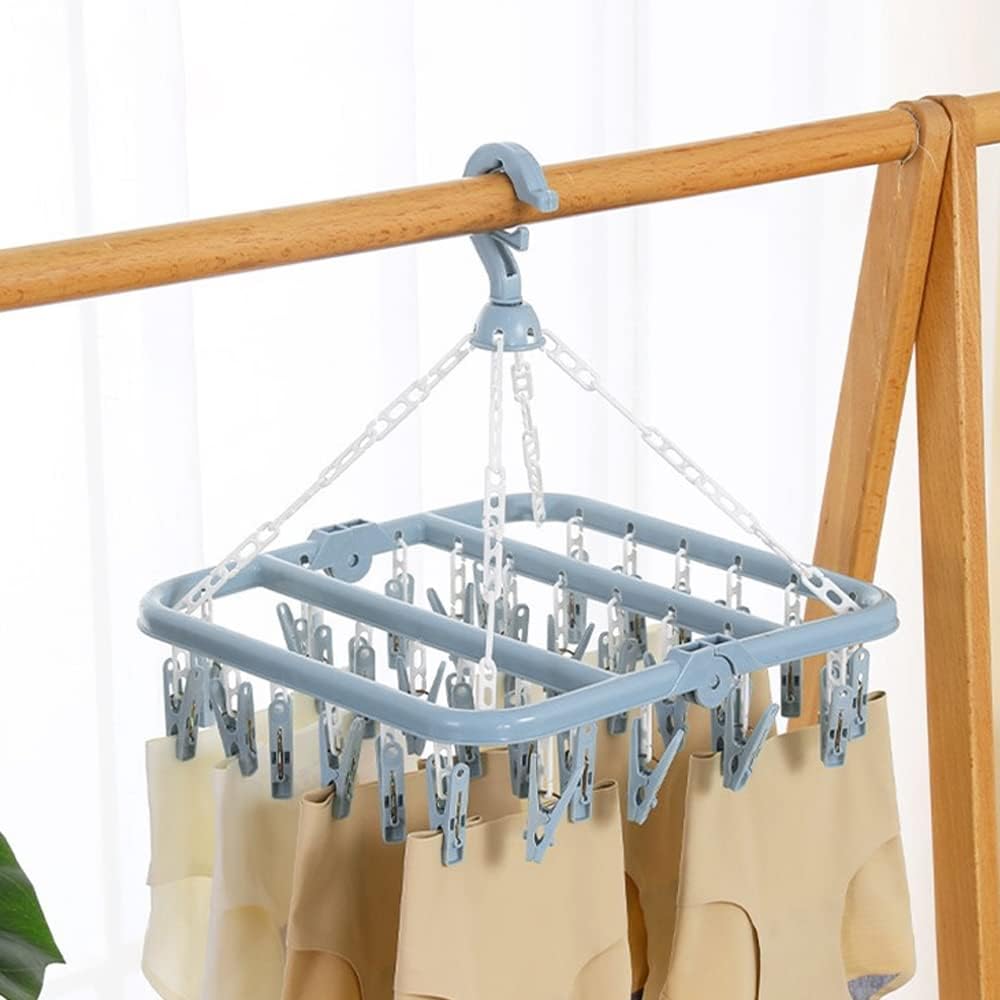 32 Clips Folding Laundry Hanger, Laundry Drying Rack Folding Sock Hanger, Hanging Drying Rack(Scandinavian Blue)