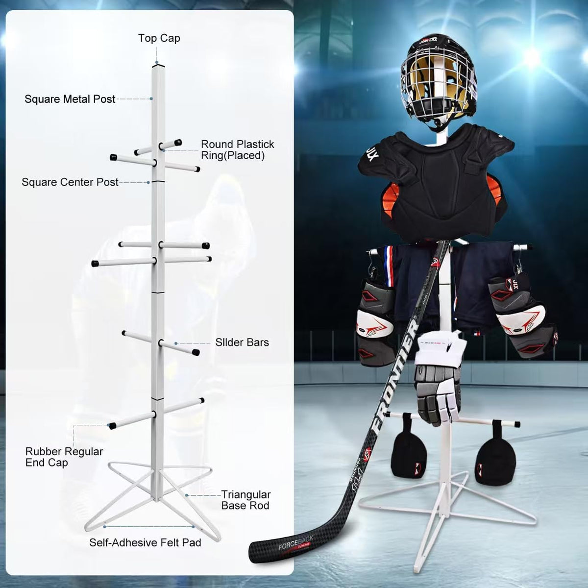 Hockey Gear Drying Rack Metal Hockey Drying Rack for Storing Adult and Child Sports Equipment 4 Additional Hanging Clips