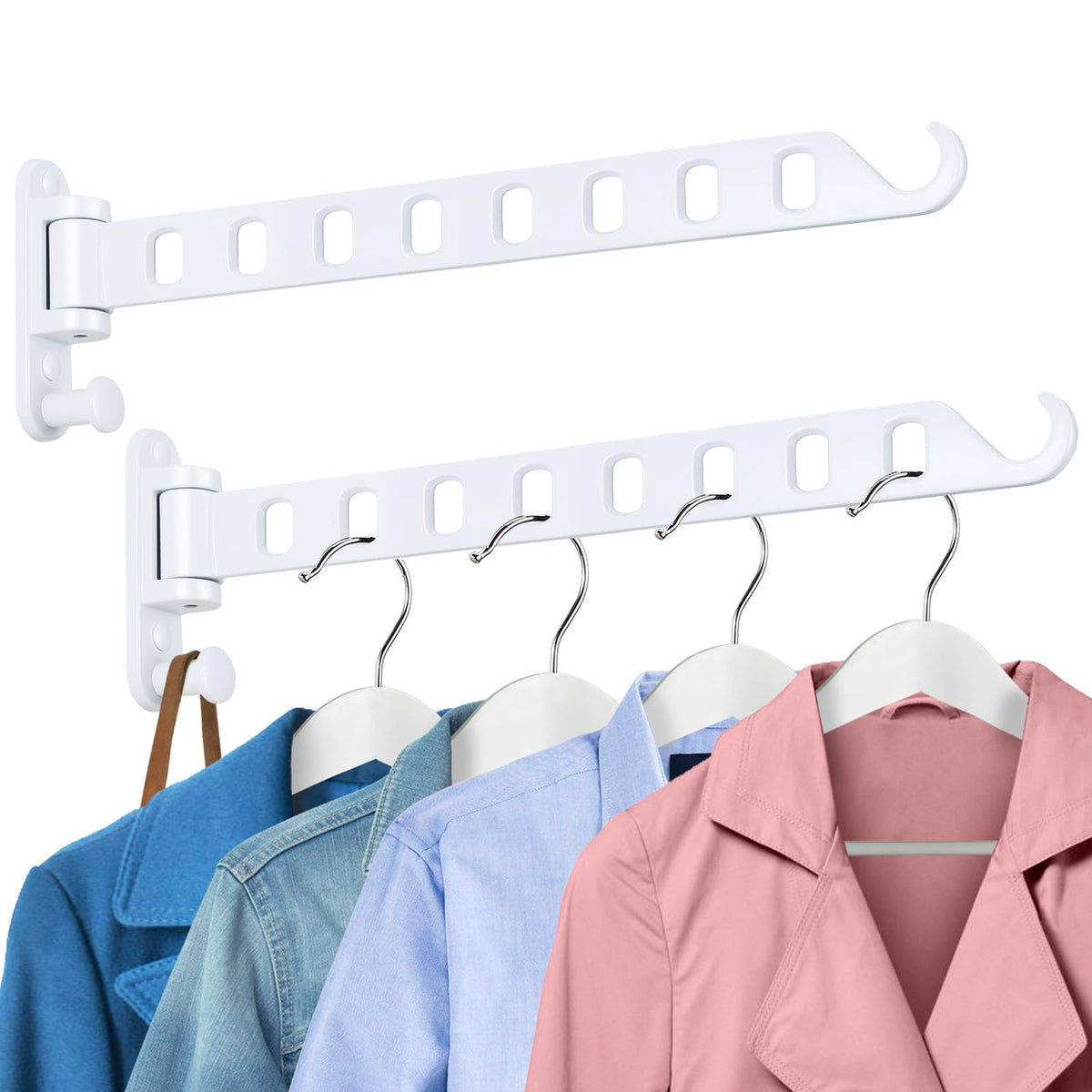 Laundry Drying Rack Wall Mounted - Swing Arm Clothes Hanger with 6-Hole, 180° Rotation Coat Hanger Holder, Foldable Valet Hook for Laundry Closet (2-Pack, White)