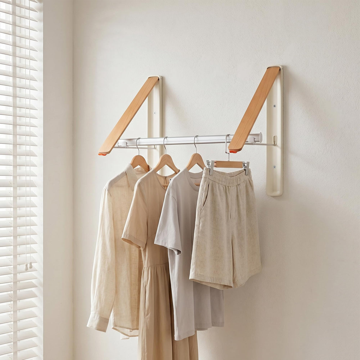 LEQ Clothes Drying Rack Wall Mounted, Foldable Laundry Drying Rack with Wood-Tone Aluminum Frame, Rustproof Retractable Clothes Hanger for Small Laundry Room, Bathroom, Balcony,White