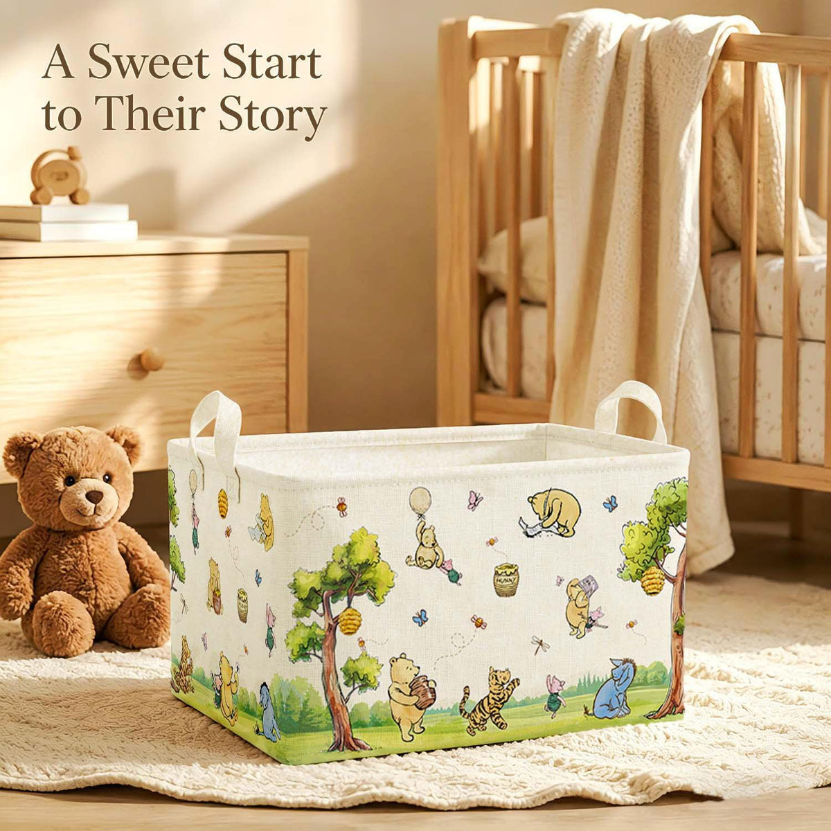 Rectangle Neutral Classic Winnie Bear Baby Basket for Nursery