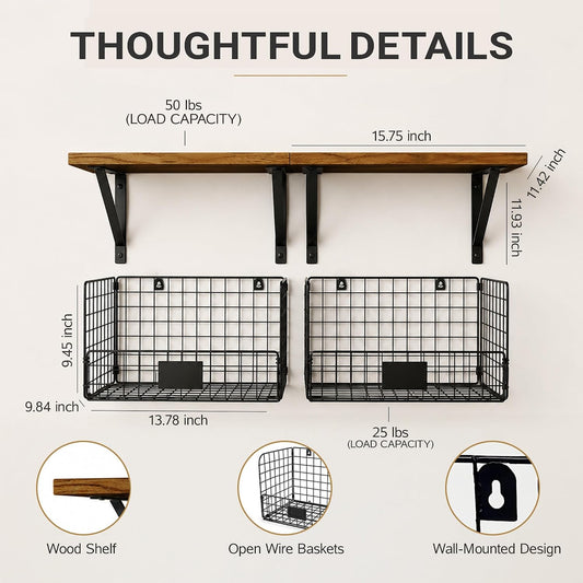 2 Pack Laundry Room Shelves Wall Mounted with Wire Mesh Baskets