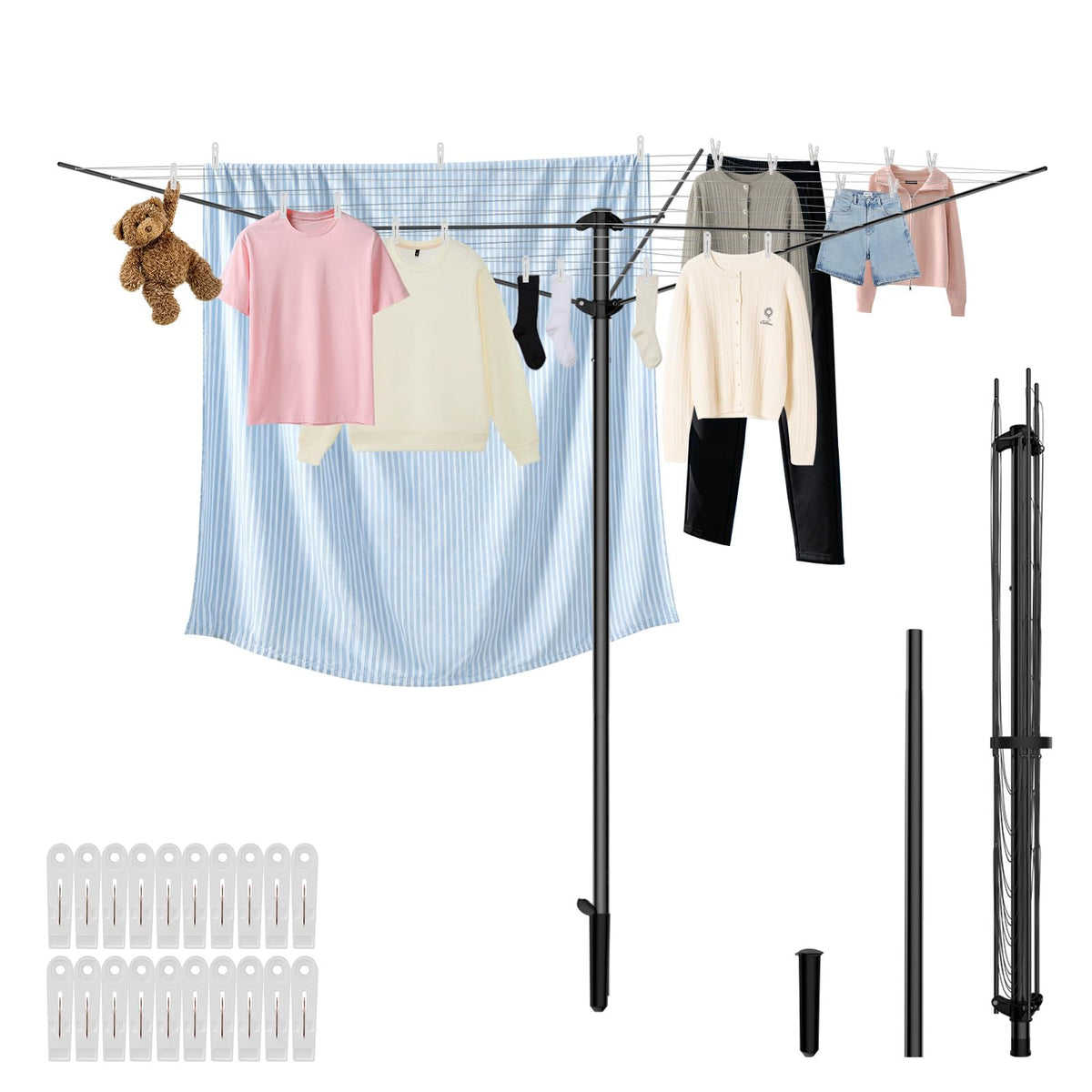 Heavy Duty Outdoor Umbrella Drying Rack, Rotating Height Adjustable Clothesline for Large Blankets & Sheets, Perfect for Backyard Balcony Camping RV, Black