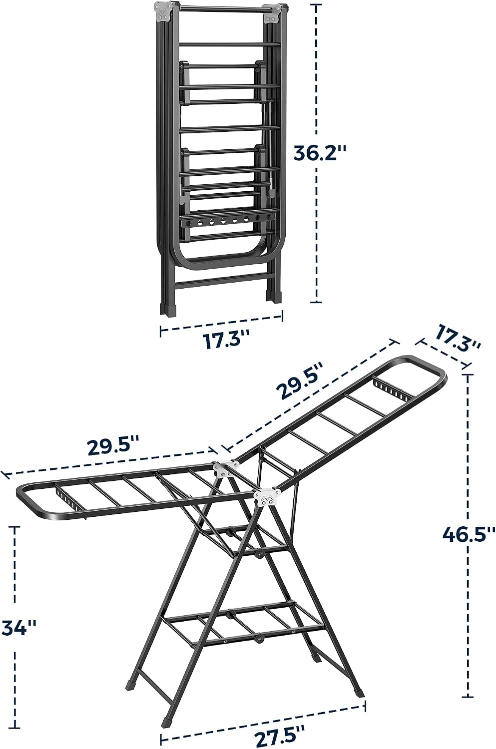 Clothes Drying Rack, Foldable Laundry Drying Rack with Reinforced Steel Tubes, Height-Adjustable Gullwing Clothes Airer, Space Saving Indoor Drying Rack for Apartments, Balconies, Laundry Rooms, Black