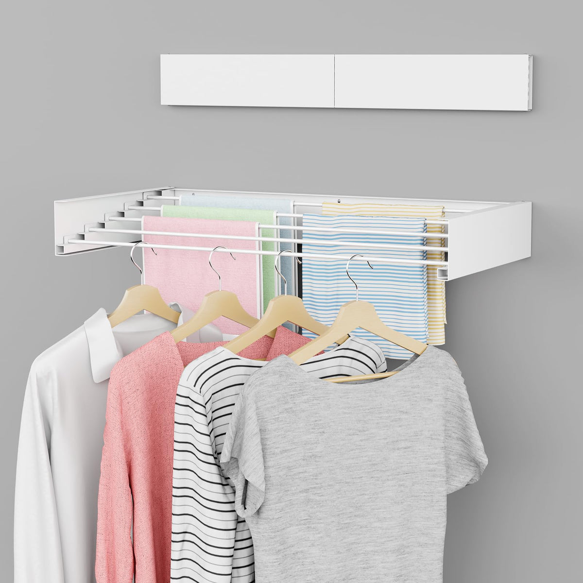 ZMBESUP Wall Mounted Drying Rack, 23.6" Foldable Clothes Drying Rack for Laundry Room Organization, Space Saving Retractable Laundry Rack for Small Space Apartment Bathroom Balcony (White)