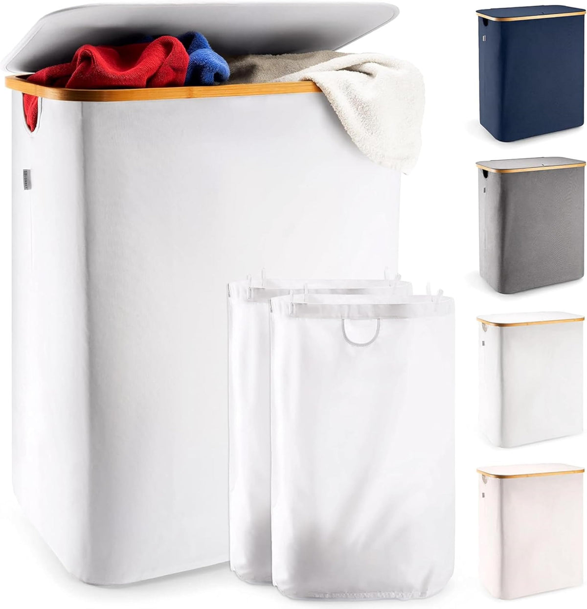 LONBET Laundry Basket with Lid, Made from Breathable Fabric | Aesthetic Clothes Hampers for Laundry with Side Handles & Sturdy Bamboo Frame (26 Gallons - Single, Blue)