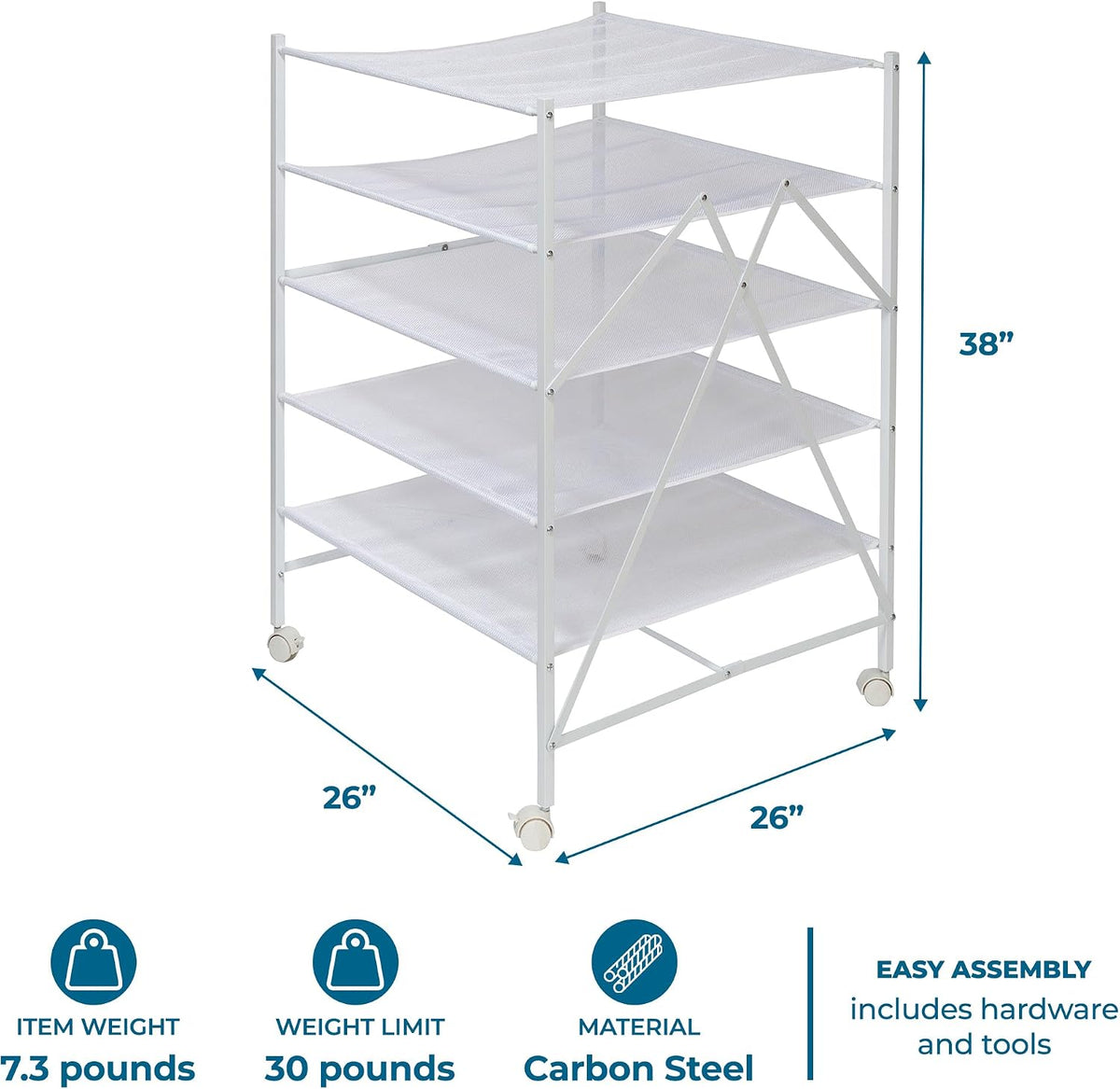 Honey-Can-Do 5-Tier Mesh Laundry Drying Rack with Wheels, Soft Nylon Flat Drying for Sweaters Delicates, Foldable Rolling Clothes Rack, 43 Linear Feet, Holds 30 lbs, White