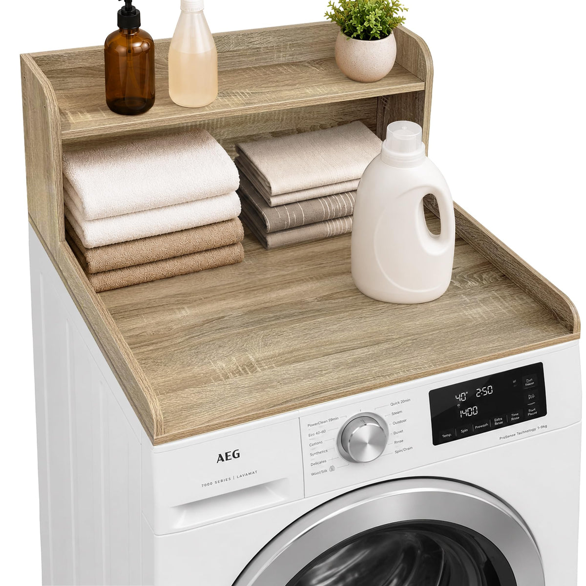 Royxen Single Washer Dryer Countertop, 2-Tier Laundry Countertop with Shelf, Soild Wood Core Washer Dryer Topper for Laundry Room Organization (Walnut)