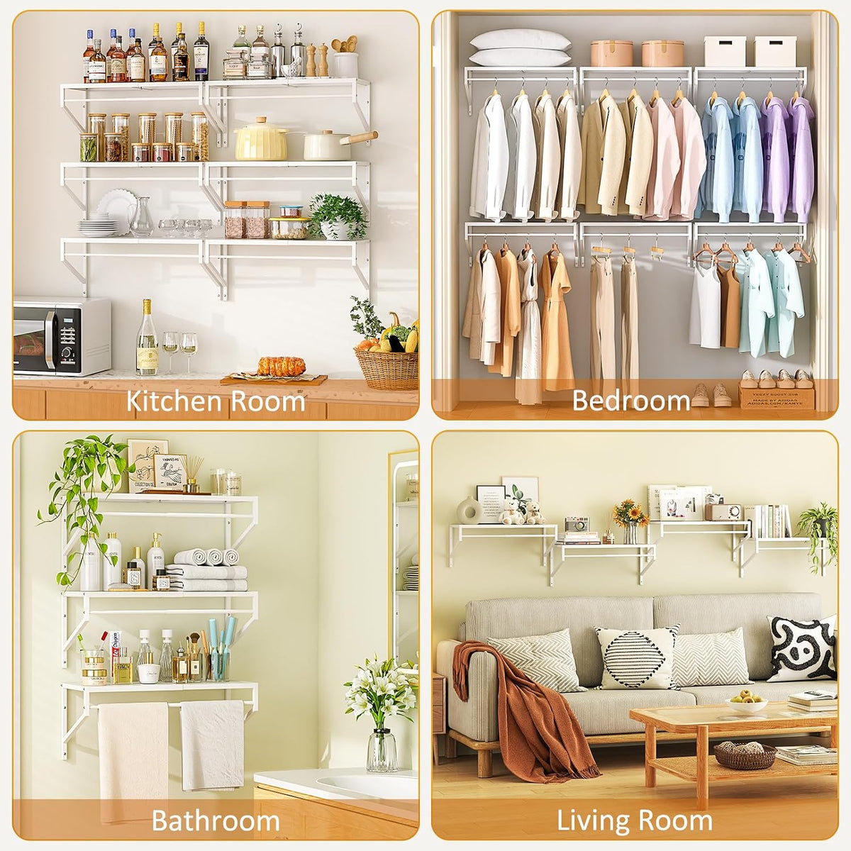 ThreeHio 2 Pack Expandable Laundry Room Shelves with Hanging Rod, Over Washer and Dryer Shelves, Wall Mounted Metal Shelving, Utility Floating Wall Shelf for Laundry Closet Organizers and Storage