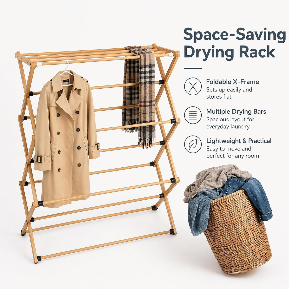 Bamboo Clothes Drying Rack, 3-Tier Tall Laundry Drying Rack