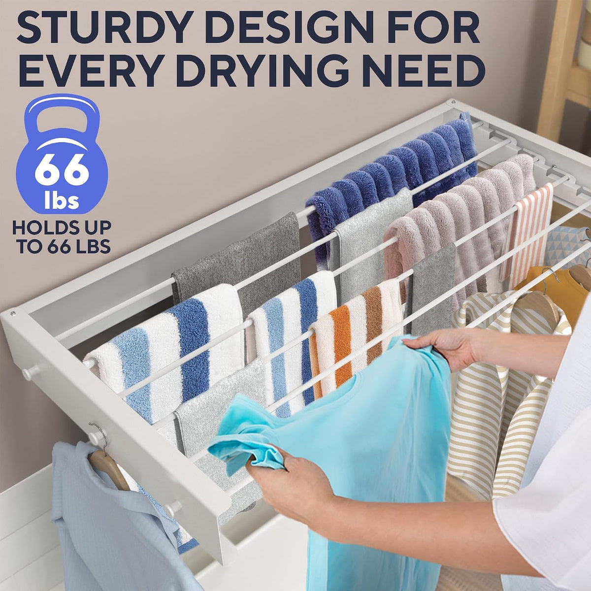 Delfori Foldable Wall Mounted Drying Rack 40 inch - Easy to Install Hanging Rack for Laundry Room - Space Saving Design with 66-lb Capacity - Perfect Drying Racks for Clothes Towels & More