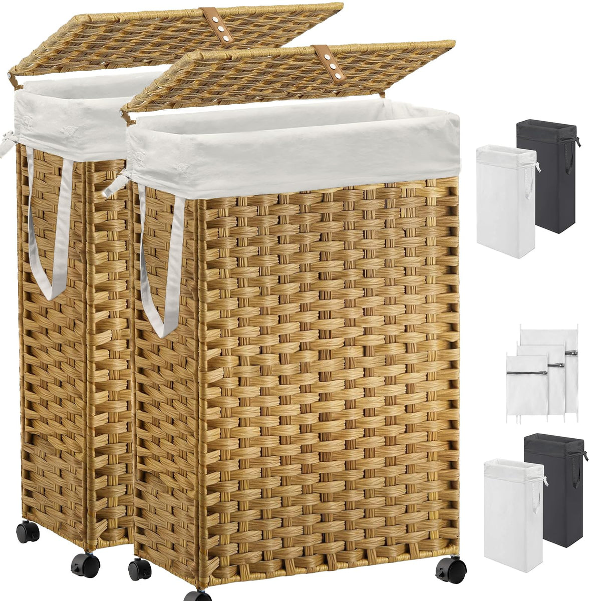 70L Slim Laundry Hamper with Lid & Wheels, Rolling Laundry Basket with 2 Removable Liner Bags & 3 Mesh Bags, Narrow Dirty Clothes Basket, Foldable Handwoven Rattan Laundry Sorter, Brown