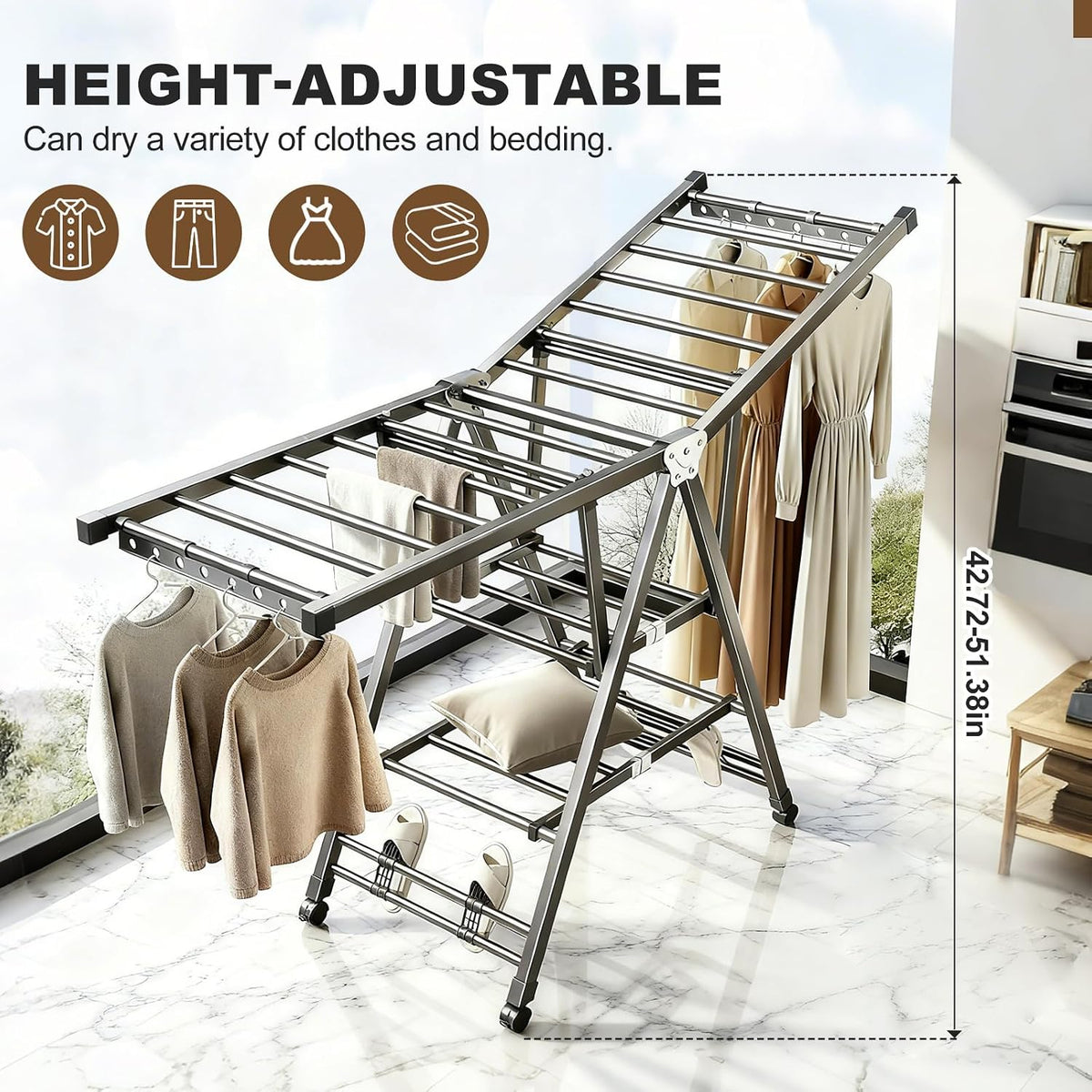 Heavy Duty 3-Tier Clothes Drying Rack with Wheels, Large 5.9ft