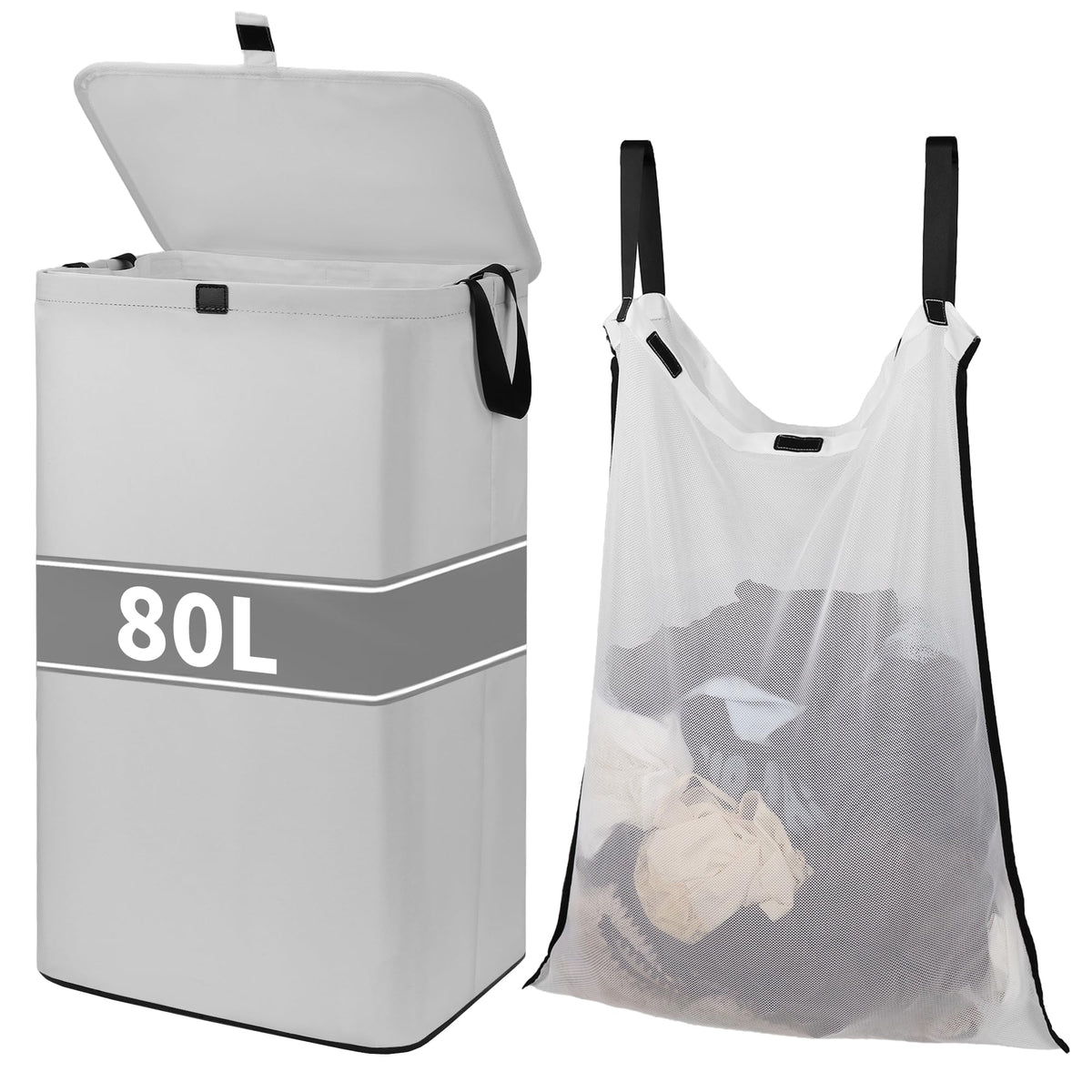 80L Large Laundry Hamper with Lid, Foldable Laundry Bag for Washing Machine with Removable Inner Bag, Dirty Hampers for Bedroom, Bathroom,Laundry Room, College (White)