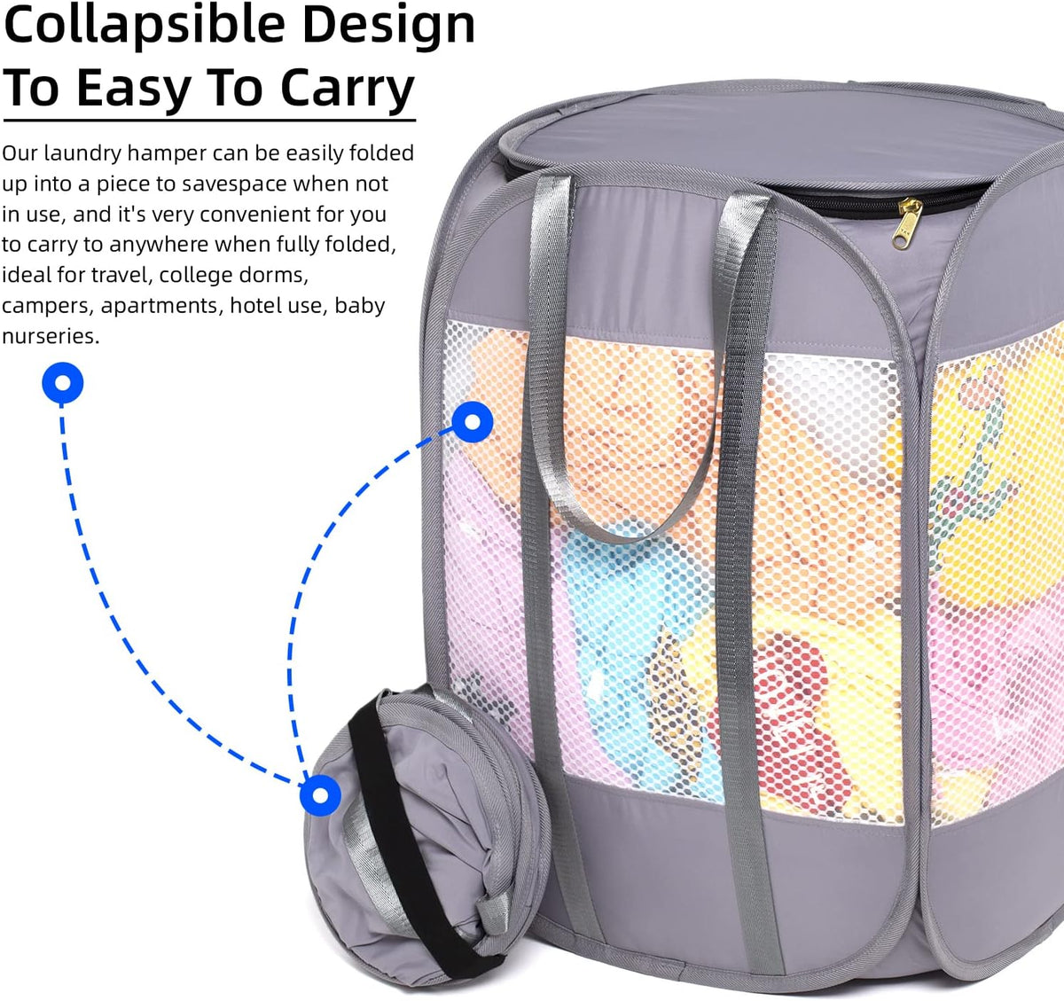 Pop-Up Laundry Hamper with YKK Zipper Lid, 1.5 Loads, Reinforced Handles