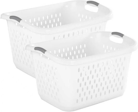 (2 Pcs) 2.7 Bushel Extra Large Plastic Laundry Basket with 2 Carry Handles, For use in the Laundry Room, Dorm Room or Bedroom，White