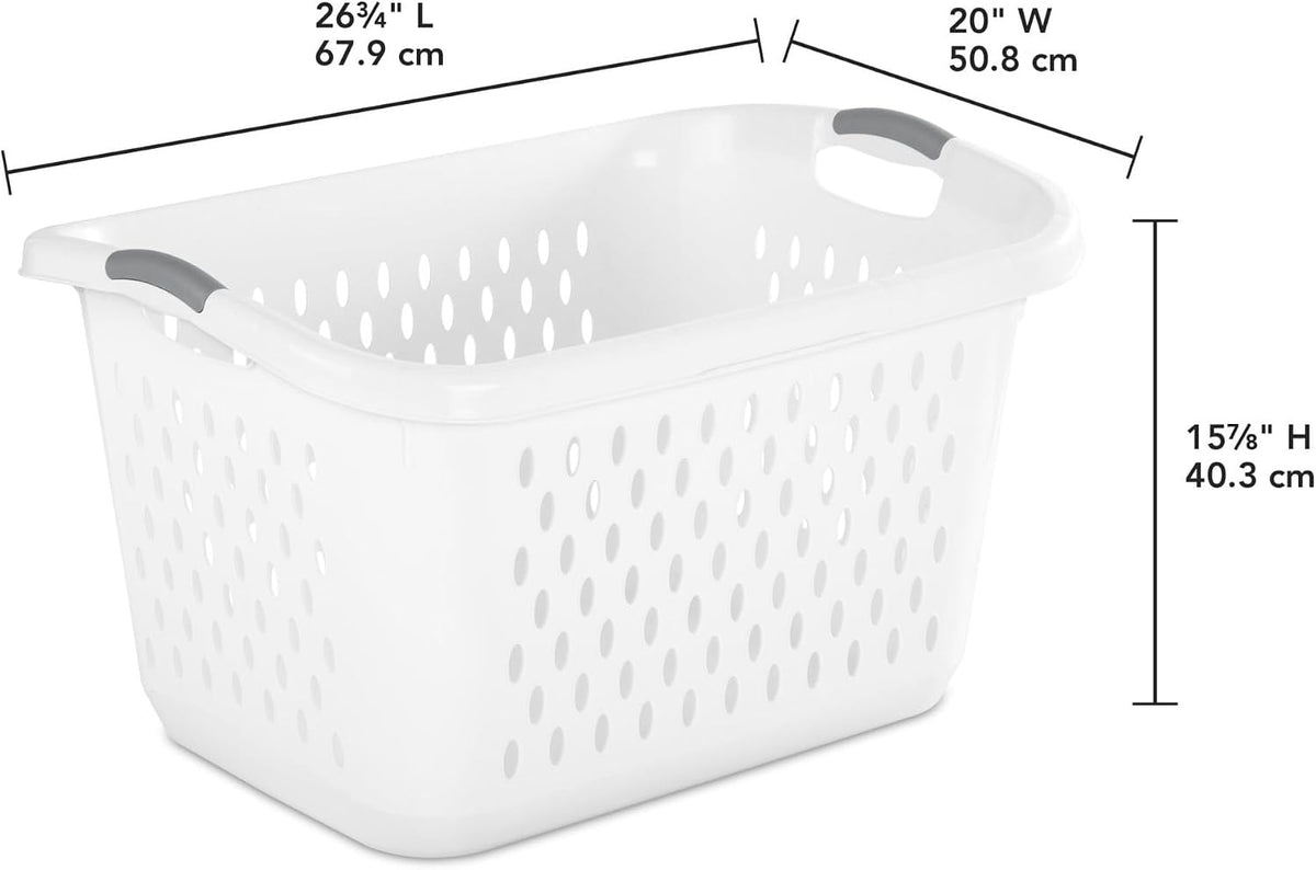 (2 Pcs) 2.7 Bushel Extra Large Plastic Laundry Basket with 2 Carry Handles, For use in the Laundry Room, Dorm Room or Bedroom，White