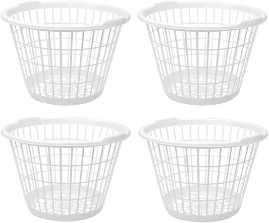 White Plastic Laundry Basket, 1 Bushel Capacity, Lightweight Round Design, 17.5 x 17.5 x 12 Inches, Set of 4
