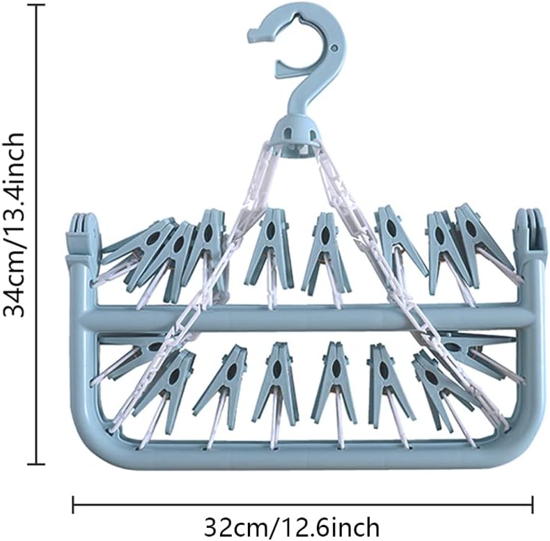 32 Clips Folding Laundry Hanger, Laundry Drying Rack Folding Sock Hanger, Hanging Drying Rack(Scandinavian Blue)