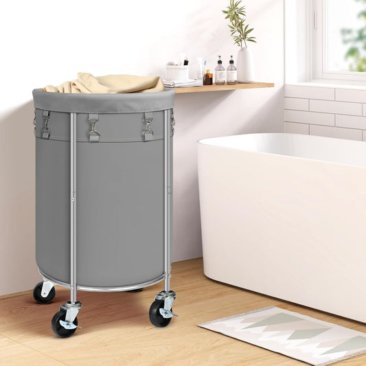 100L Round Rolling Laundry Hamper Basket with Wheels, Grey