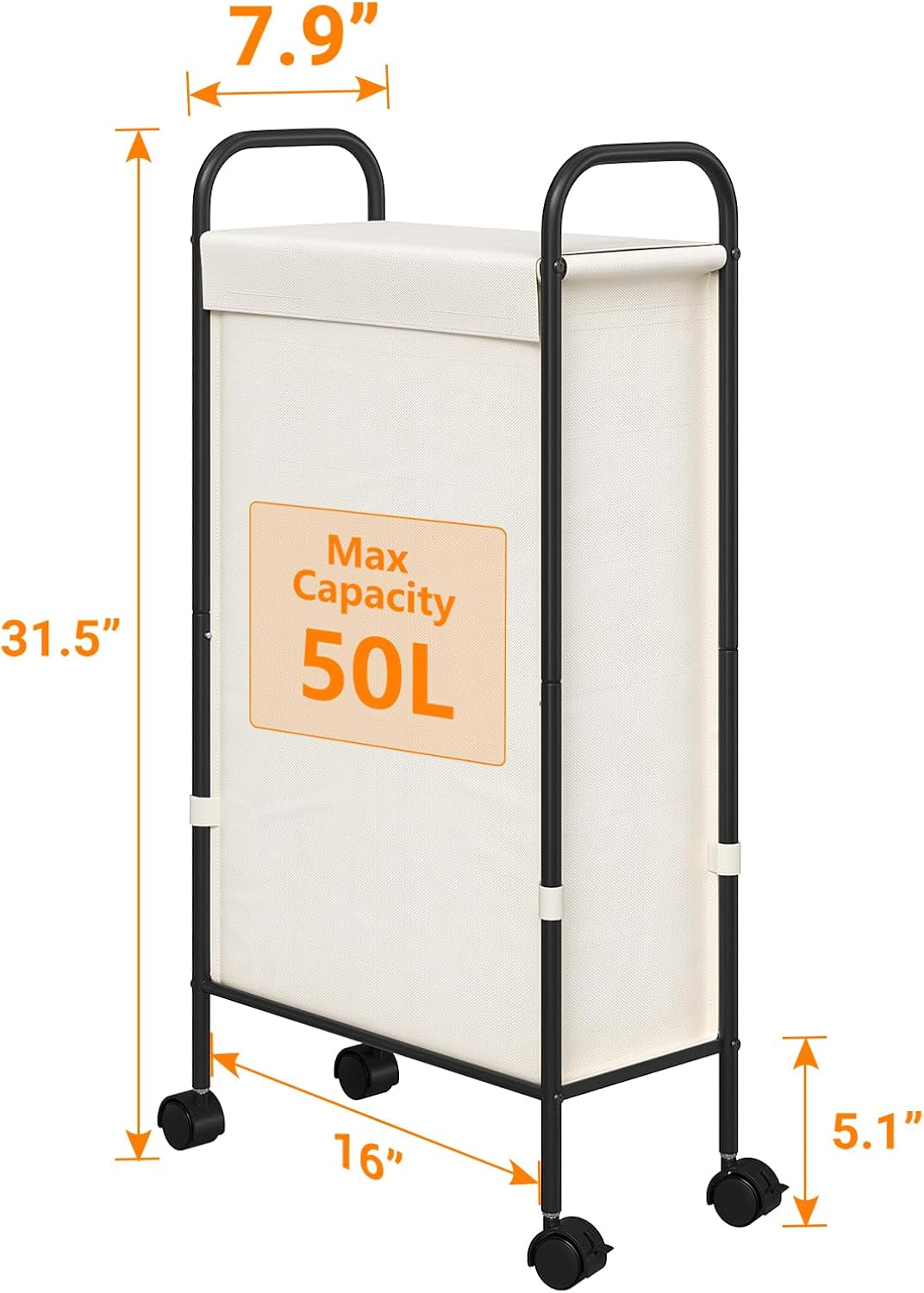 ELYKEN Slim Laundry Hamper with Lid & Wheels, 50L Rolling Laundry Basket