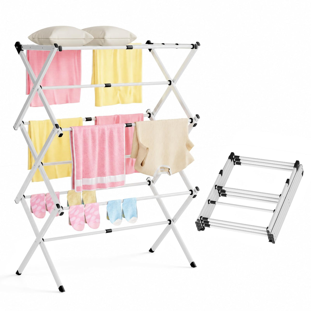 Clothes Drying Rack Collapsible,Heavy Duty Foldable Laundry Rack for Drying Clothing,3-Tier Space Saving Drying Rack Clothing for Indoor Outdoor Bathroom Apartment