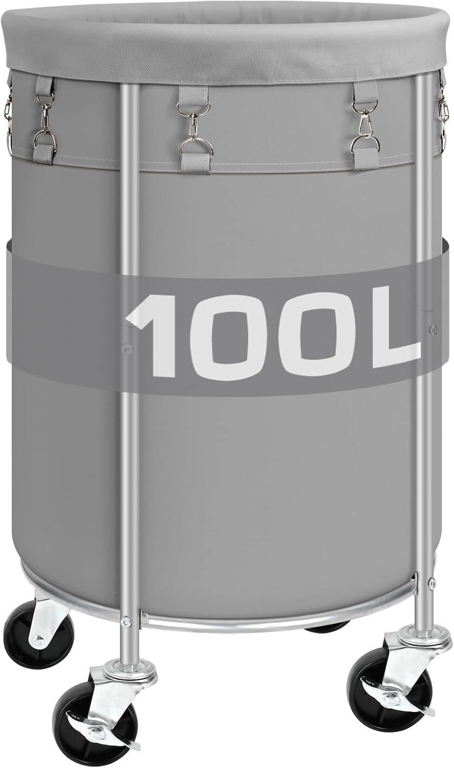 100L Round Rolling Laundry Hamper Basket with Wheels, Grey