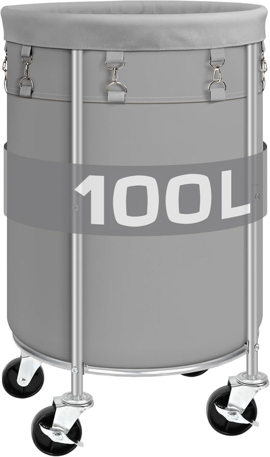 100L Round Rolling Laundry Hamper Basket with Wheels, Grey