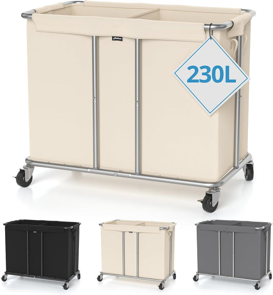 Hodonas Rolling Laundry Hamper 2-Section, Beige, 31.5"Lx15.75W"x30.7"H
