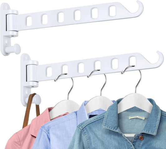 Laundry Drying Rack Wall Mounted - Swing Arm Clothes Hanger with 6-Hole, 180° Rotation Coat Hanger Holder, Foldable Valet Hook for Laundry Closet (2-Pack, White)