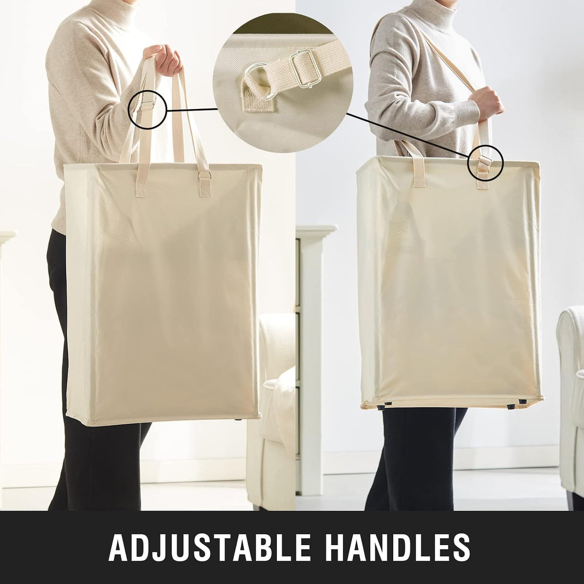45L Slim Laundry Hamper with Adjustable Long Handles & Mesh Top, Beige