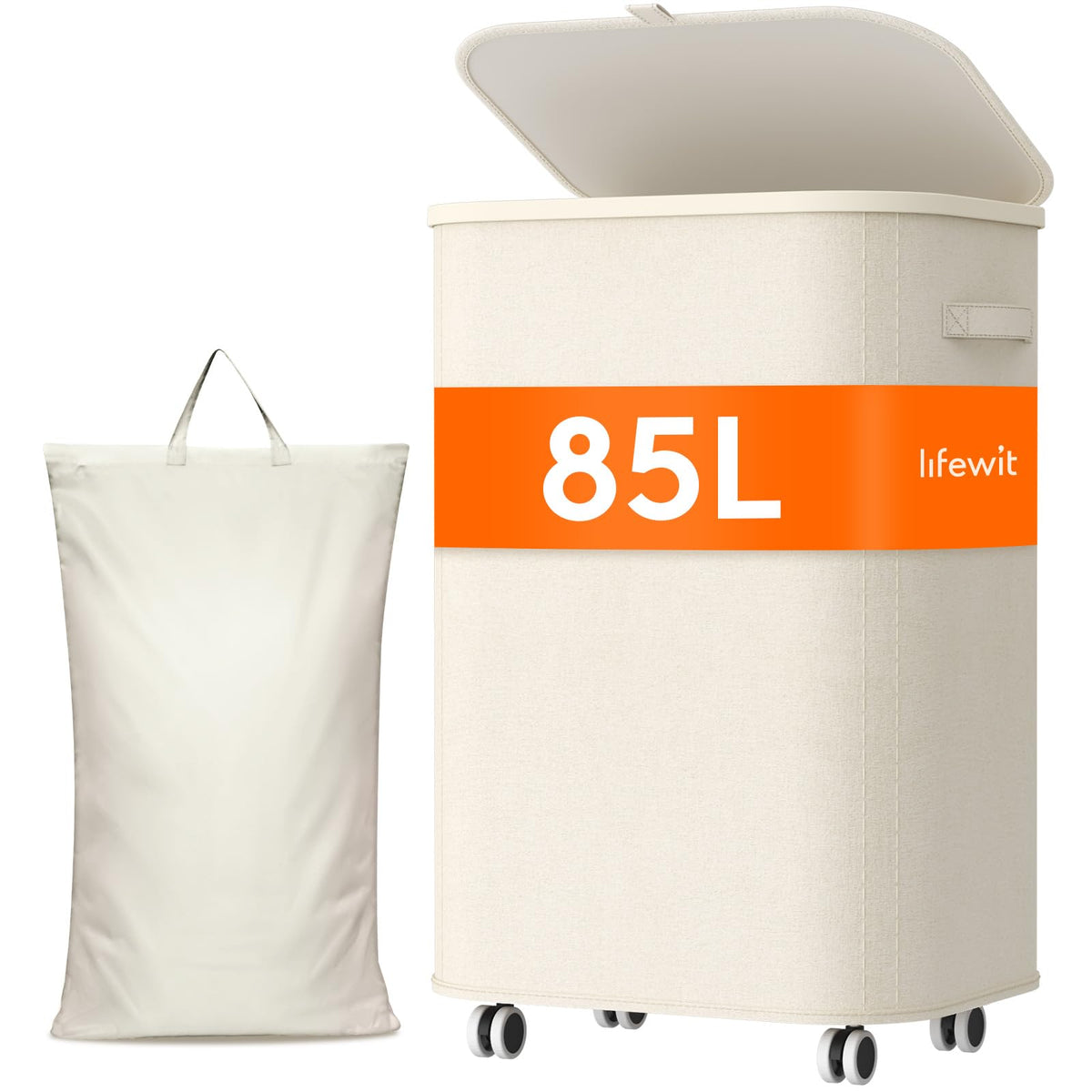 Lifewit 85L Large Laundry Basket with Wheels and Lid, Beige