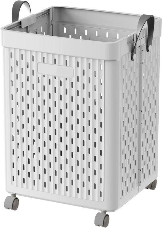 UAK 67L Plastic Laundry Basket with Wheels & Handle, Heavy Duty Foldable Laundry Hamper – Easy Clean Waterproof Rolling Organizer for Bathroom & Laundry Room, Grey