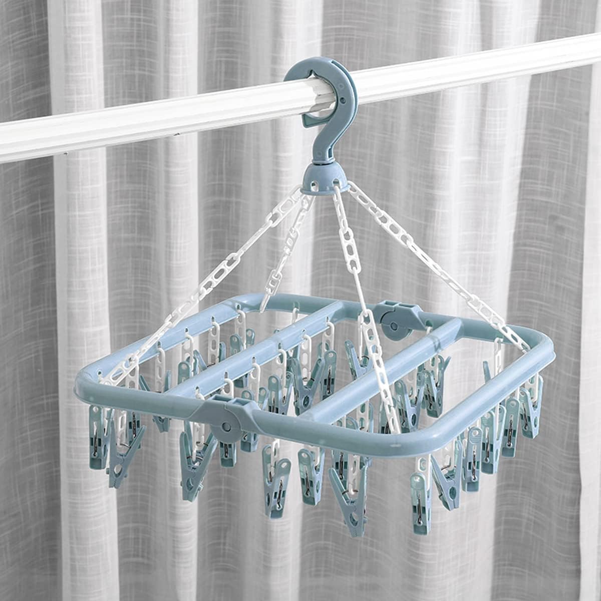 32 Clips Folding Laundry Hanger, Laundry Drying Rack Folding Sock Hanger, Hanging Drying Rack(Scandinavian Blue)