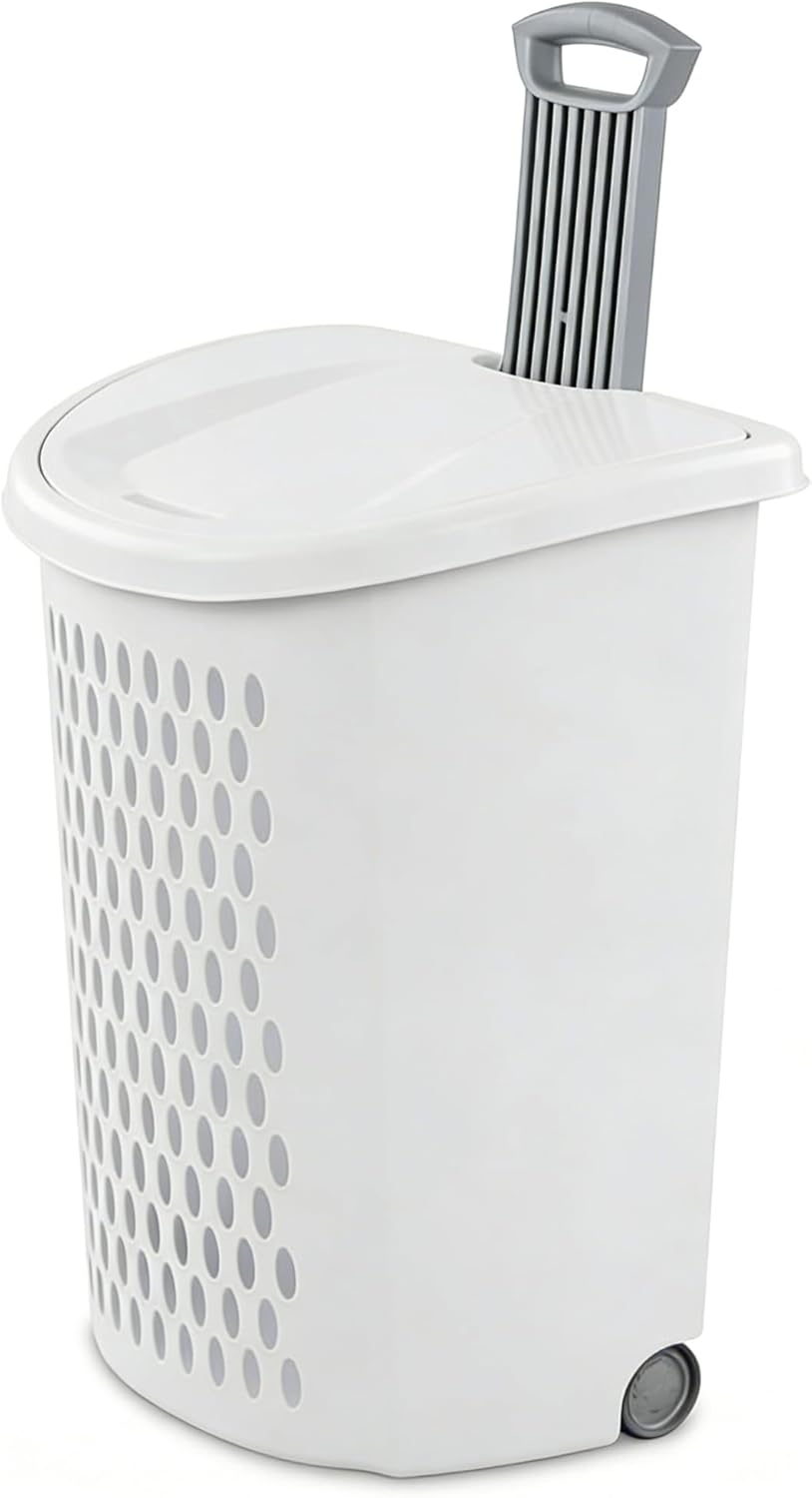 White Lalaundry Basket with Wheels and Lid, Portable Laundry Basket