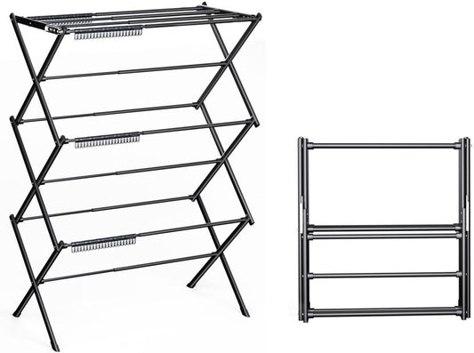 3 Tier Clothes Drying Rack, Foldable Drying Rack Clothing,Indoor & Outdoor Laundry Rack for Drying Clothes,Space-Saving Design,Small Collapsible Portable Dryer Racks for Laundry,Pure Black