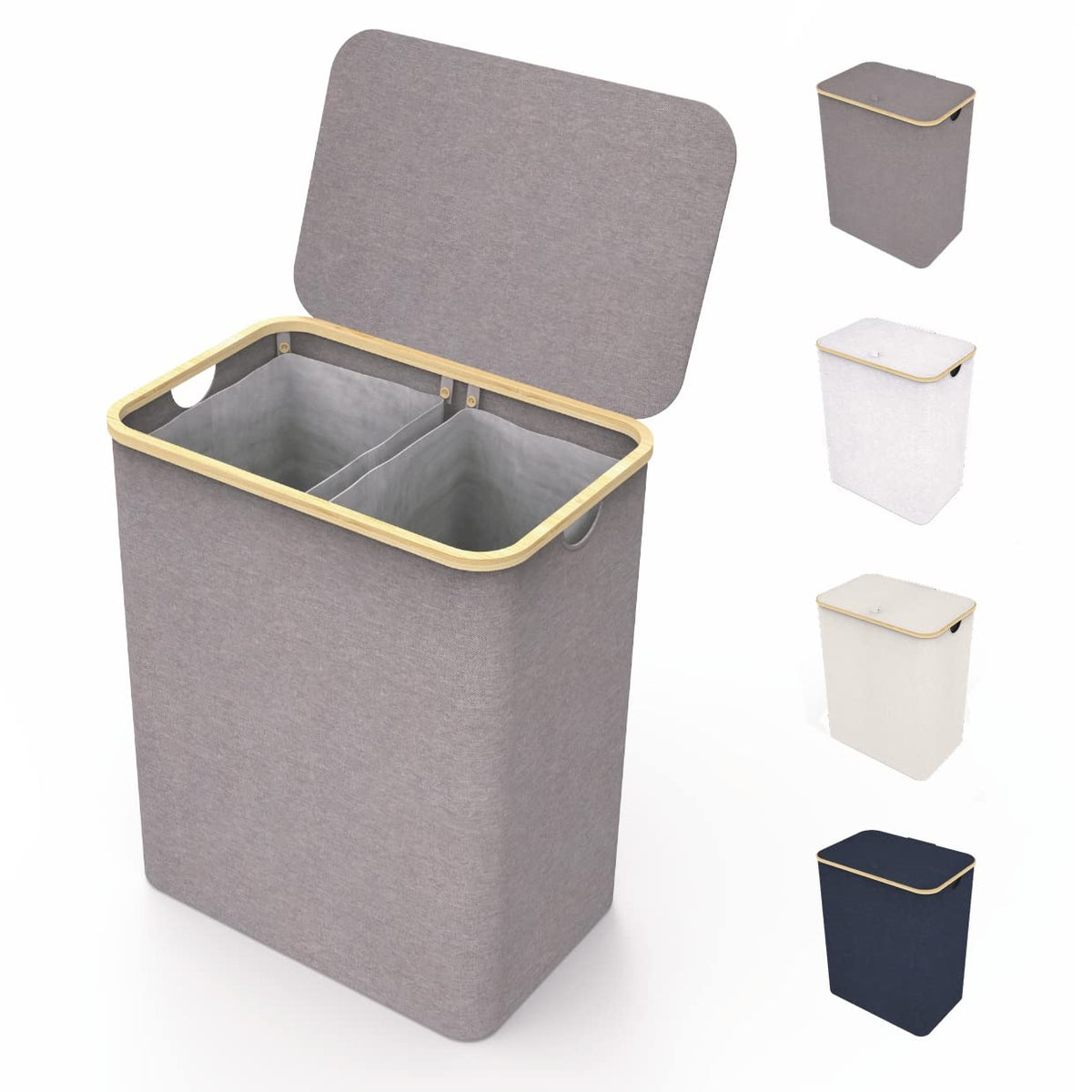 LONBET Laundry Basket with Lid, Made from Breathable Fabric | Aesthetic Clothes Hampers for Laundry with Side Handles & Sturdy Bamboo Frame (26 Gallons - Single, Blue)