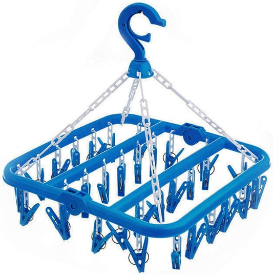 SteelFever Clothes Drying Hanger with 32 Clips, Foldable Hanging Drying Rack for Clothes Underwear Socks (Blue)