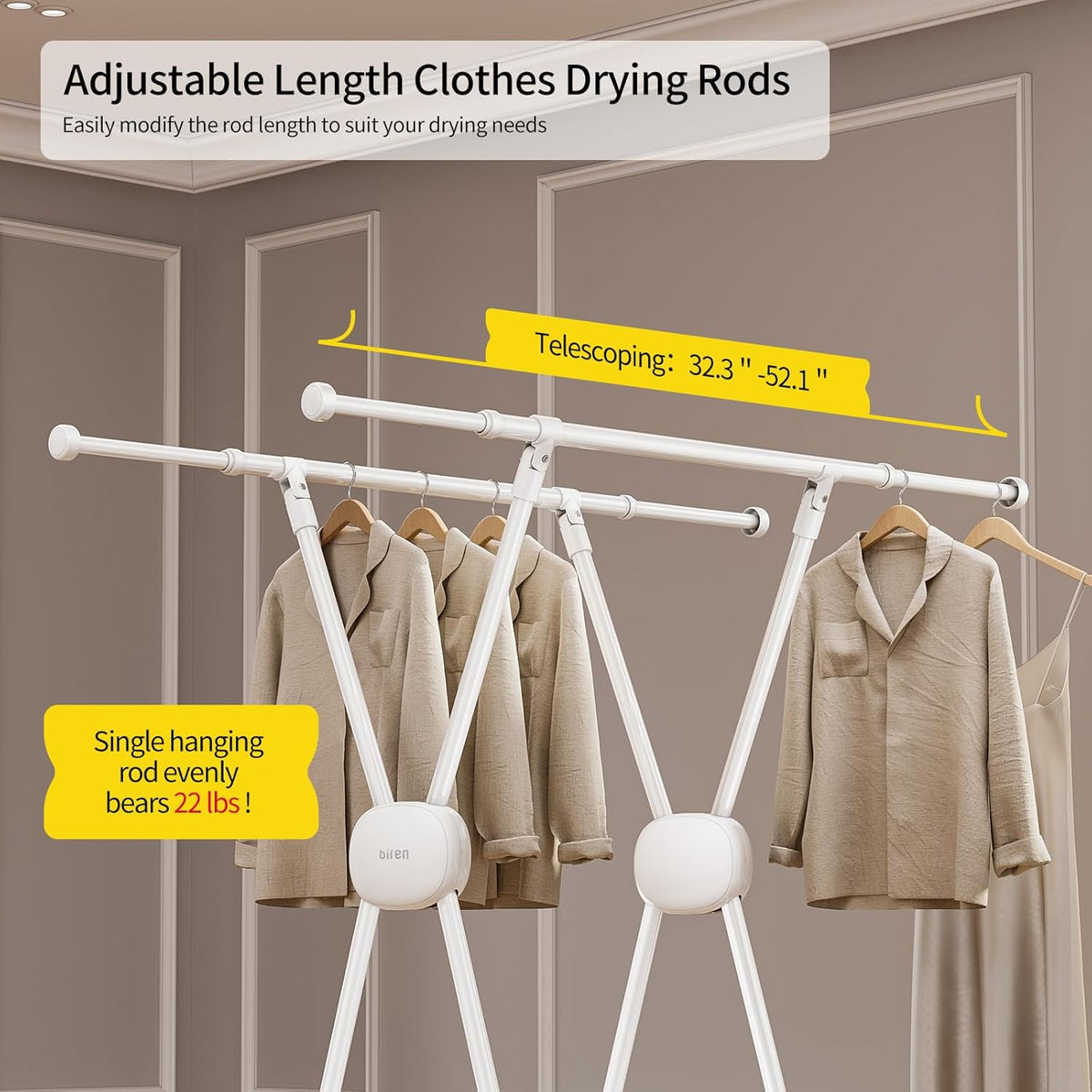 BIREN Clothes Drying Rack Heavy Duty Clothing Racks Foldable Laundry Rack Two Drying Modes Garment Racks for Drying Clothes, Adjustable Length from 32-55 Inches for Indoor Outdoor Use