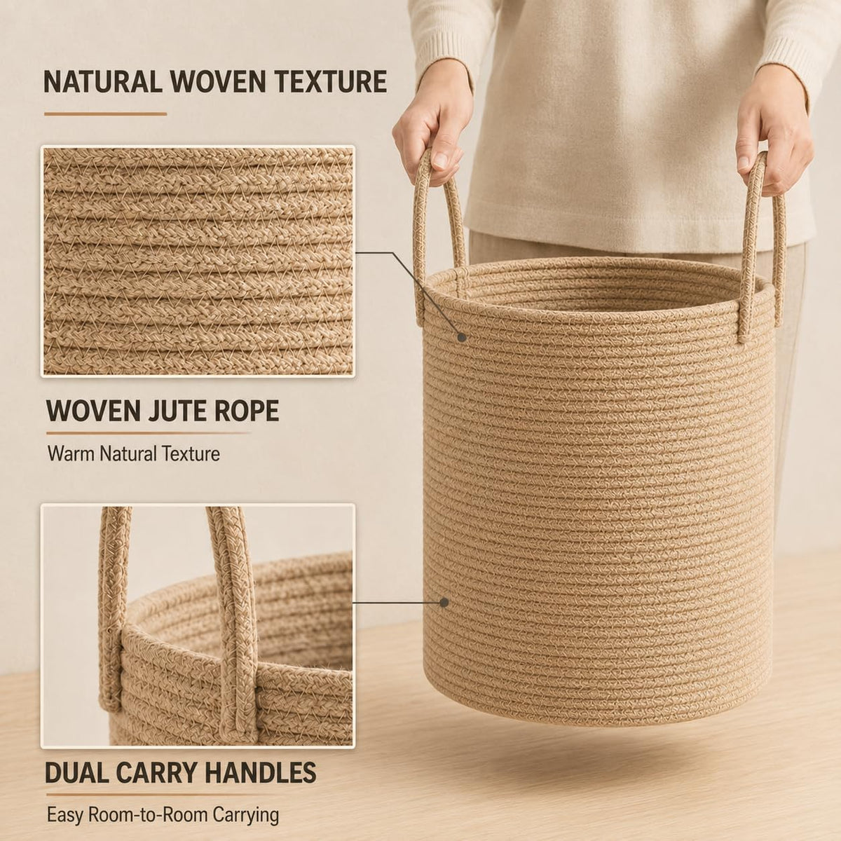 Jute Rope Laundry Hamper Basket, 58L Woven Blanket Basket for Nursery