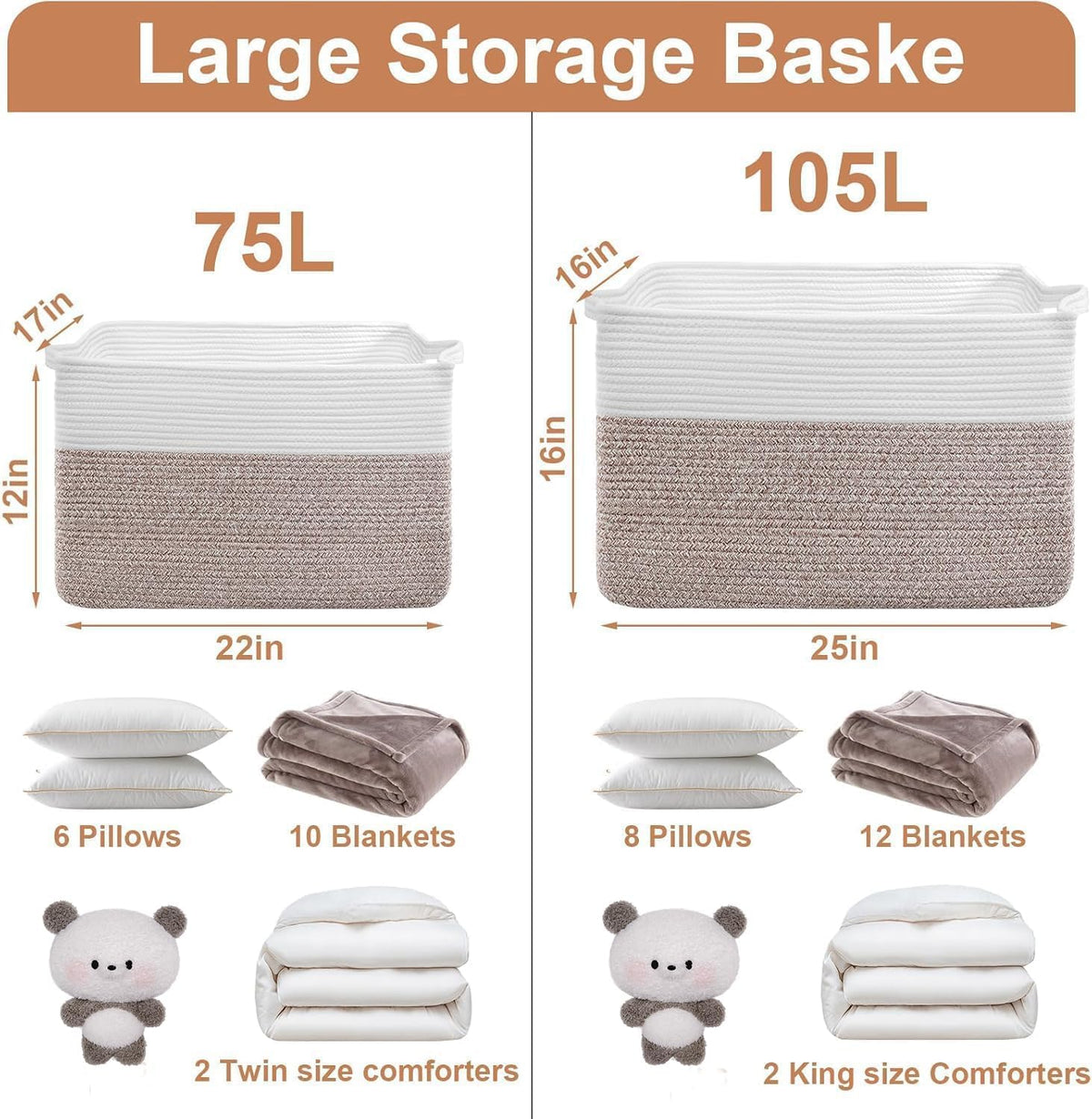 75L Large Blanket Storage Basket with Handles - White & Brown