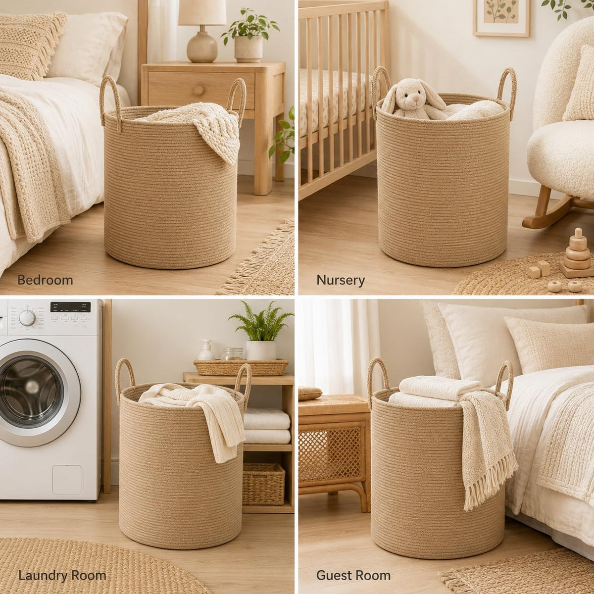 Jute Rope Laundry Hamper Basket, 58L Woven Blanket Basket for Nursery