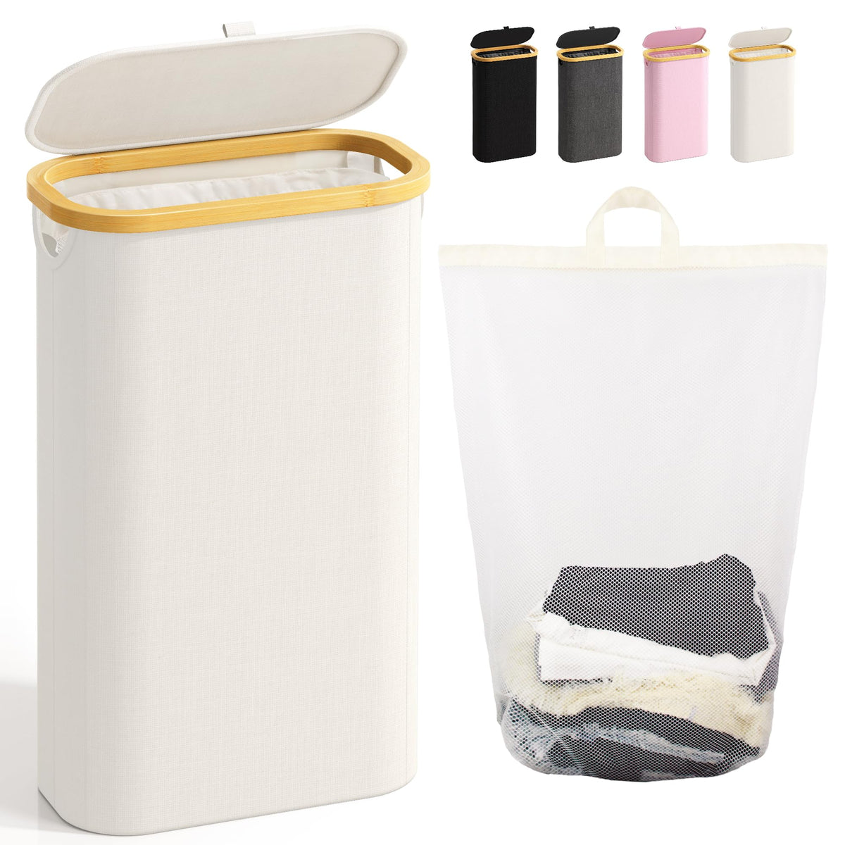 Bathola Slim Laundry Hamper with Lid, 60L Small Laundry Basket, Beige