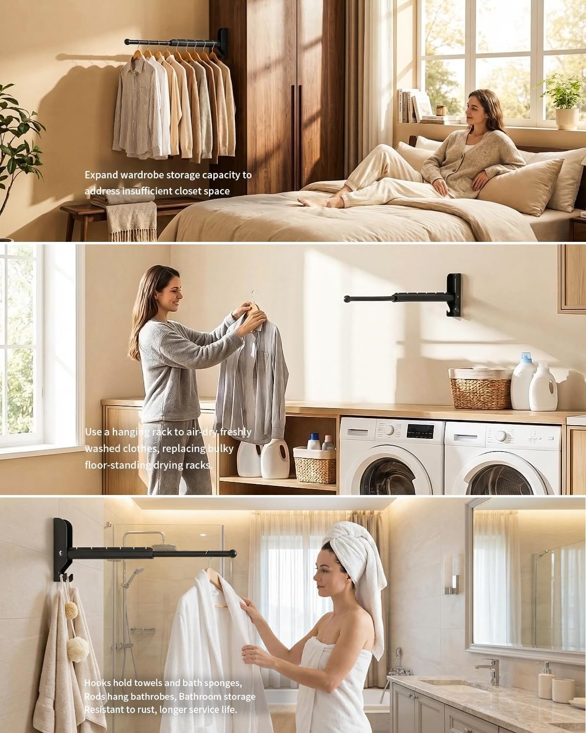 BaiNong Pull Out Wall Mounted Clothes Drying Rack Black 13" Foldable
