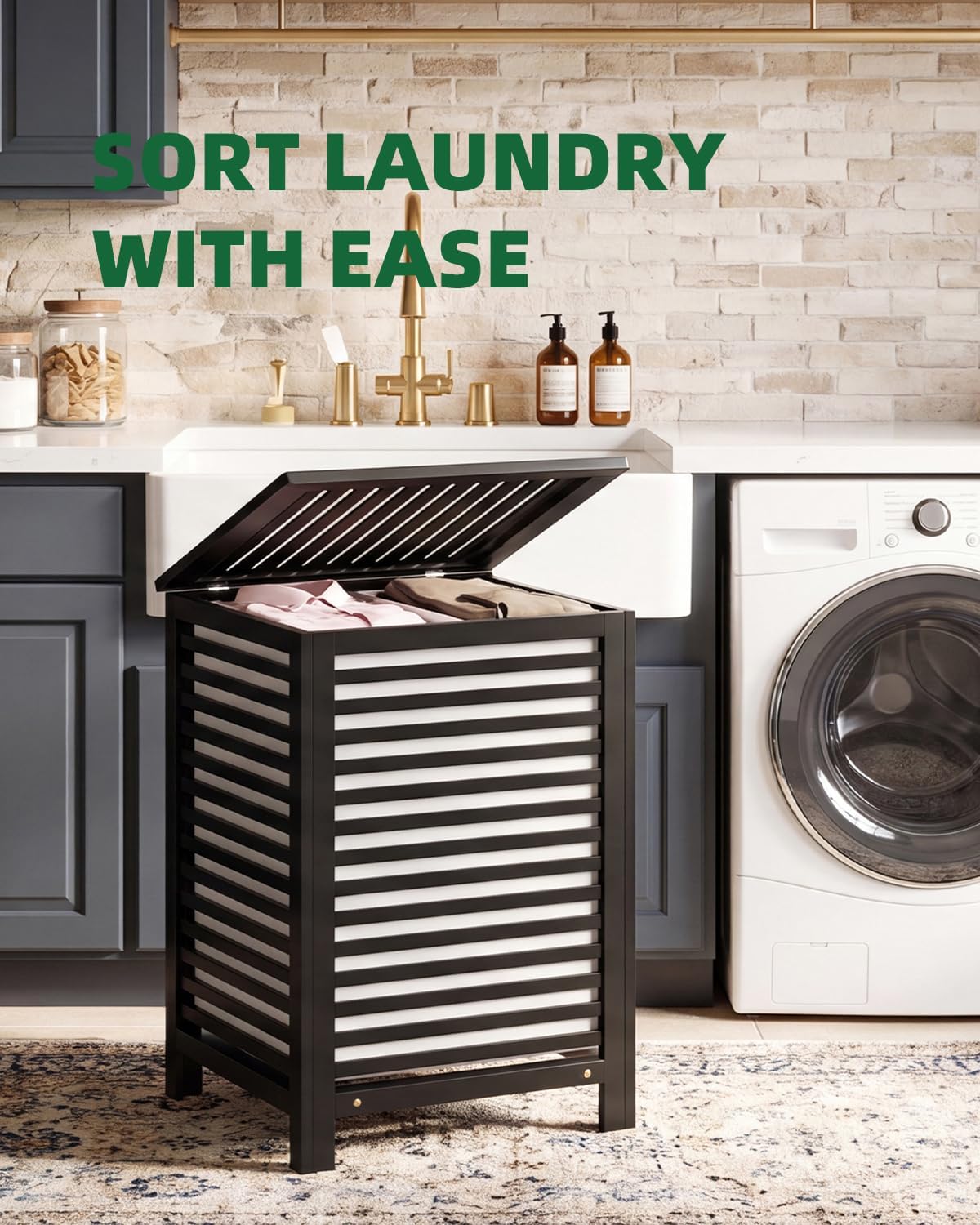 SMIBUY Double Laundry Hamper with Lid, 120L Bamboo Laundry Basket with Removable Liner Bag, 2-Section Clothes Divider Laundry Sorter for Laundry Room, Bathroom, Bedroom (Black)