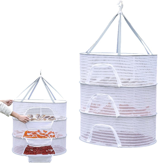Herb Drying Rack, 3 Layer Foldable Hanging Mesh Net with Zipper, Collapsible Food Drying Fish Hanging Basket Dryer Net for Buds, Fruits, Vegetables, Herbs, Fish, Clothes, Doll(Size:M)
