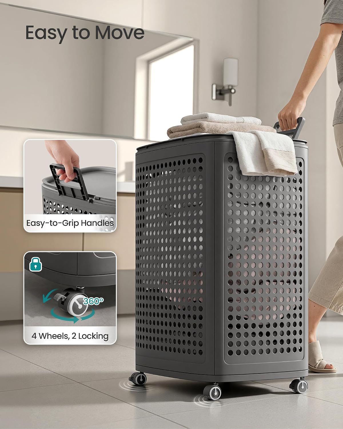 SONGMICS Laundry Hamper with Wheels, 75 L Laundry Basket with Lid