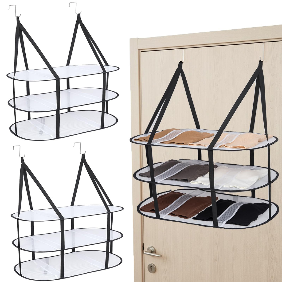 3-Tier Upgrade Sweater Drying Rack Over The Door, Foldable Mesh Hanging Dryer Flat with Hooks, Large Breathable Laundry Drying Hanger, Clothes Lay Flat Dryer for Apartments Dorms Bathrooms